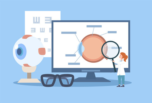 Ophthalmologist with magnifying glass standing near huge monitor with the eye anatomy, vector ophthalmology education