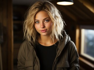 Fototapeta premium Portrait of a beautiful fictional young blonde woman. Generative AI.