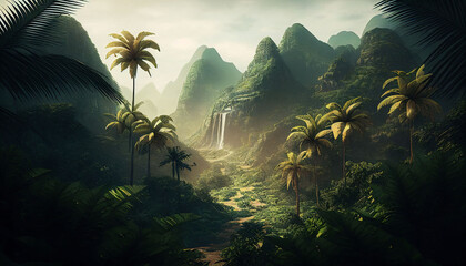 Matte painting style of a deep jungle with chinese mountains