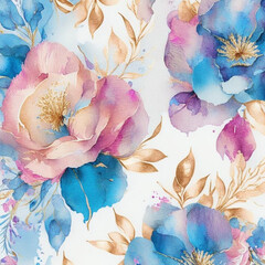 Blue, golden and pink watercolor flowers with stems and leaves. Watercolor art background.