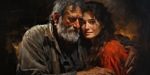 Obraz premium a painting of two elderly people are hugging, generative AI