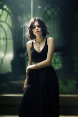 Elegant fictional lady in a black dress and chokers. Generative AI.