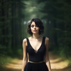 Naklejka premium Elegant fictional lady in a black dress and chokers. Generative AI.