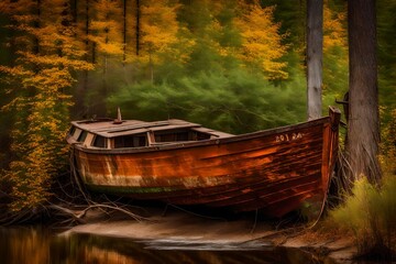 the silence of the early morning, a photo reveals an old rusty fishing boat resting on the slope along the lake's serene shore generative ai technology
