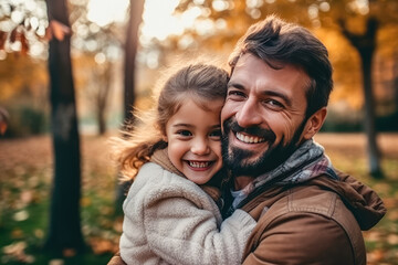 Obraz premium Portrait of happy father and small daughter hug cuddle enjoy tender close family moment at home , Sweet moments enjoying time together at home , Created with Generative Ai Technology