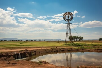 Traditional Windmill Pumping Water For Plantation, Generative AI