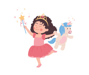 Happy child girl in princess costume holding unicorn toy flat style