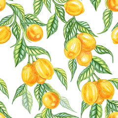 Ripe yellow lemon fruits with leaves watercolor seamless pattern. Endless background for fabric and wallpaper. Citrus branches exotic backdrop.