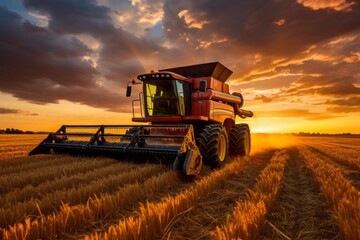 Fototapeta premium Wheat Field At Sunset With A Combine Harvester, Generative AI