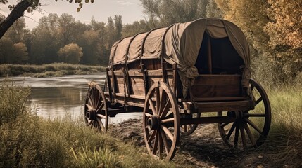 An old-fashioned wooden covered wagon