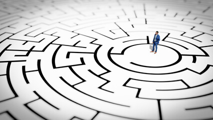 3D illustration Rendering. 3D miniature Businessman Standing in front of the maze. Success soncept