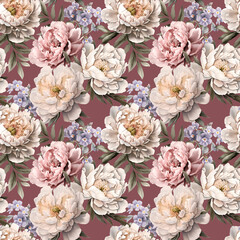 Beautiful seamless pattern with gentle hand drawn peony flowers. Floral stock illustration.