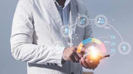 Businessman using smart phone with social media icons. 3D rendering