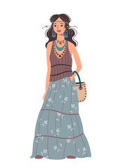 Cute cartoon standing woman in boho style. Beautiful stylish girl in a long skirt isolated on a white background.