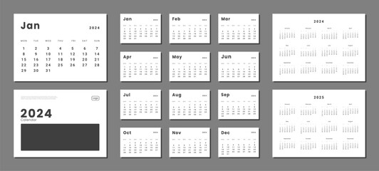 Set of monthly calendar planner page templates for 2024, 2025 and cover with Place for Photo and Company Logo. Vector layout of wall or desk minimalist calendar with week start on Monday for print