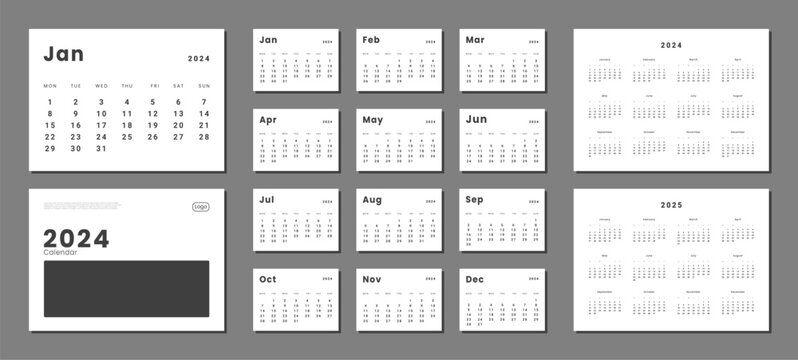 Set of monthly calendar planner page templates for 2024, 2025 and cover with Place for Photo and Company Logo. Vector layout of wall or desk minimalist calendar with week start on Monday for print