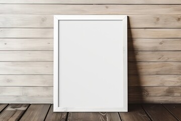 blank picture frame with wooden wall and floor,  mockup idea, Generative Ai