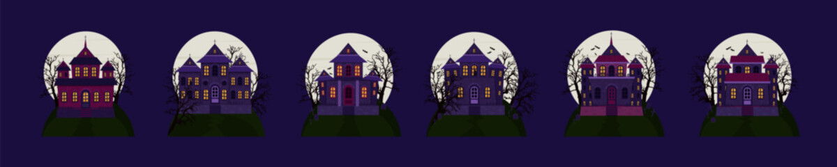 Scary houses of the castle with a cemetery on the background of a full moon. Halloween houses set. Vector illustration.