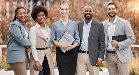 Portrait, diversity and leadership with a business team standing outdoor for corporate development....