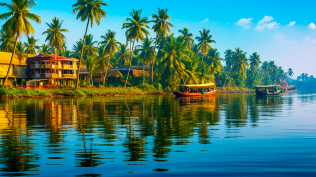 Green and Blue bEAUTIFUL SEA A Beautiful River Landscape with Boats and Trees in Kerala India AI Generated