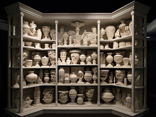 Ceramic Artifacts Arranged Neatly on Captivating Podium - Generative AI Description
