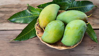 Green mango and green leaf on basket and old wooden floor background, Group of raw mangoes organic with sour and high vitamin C fruit for healthy.