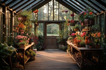 Greenhouse Filled With Vibrant Flowers, Generative AI