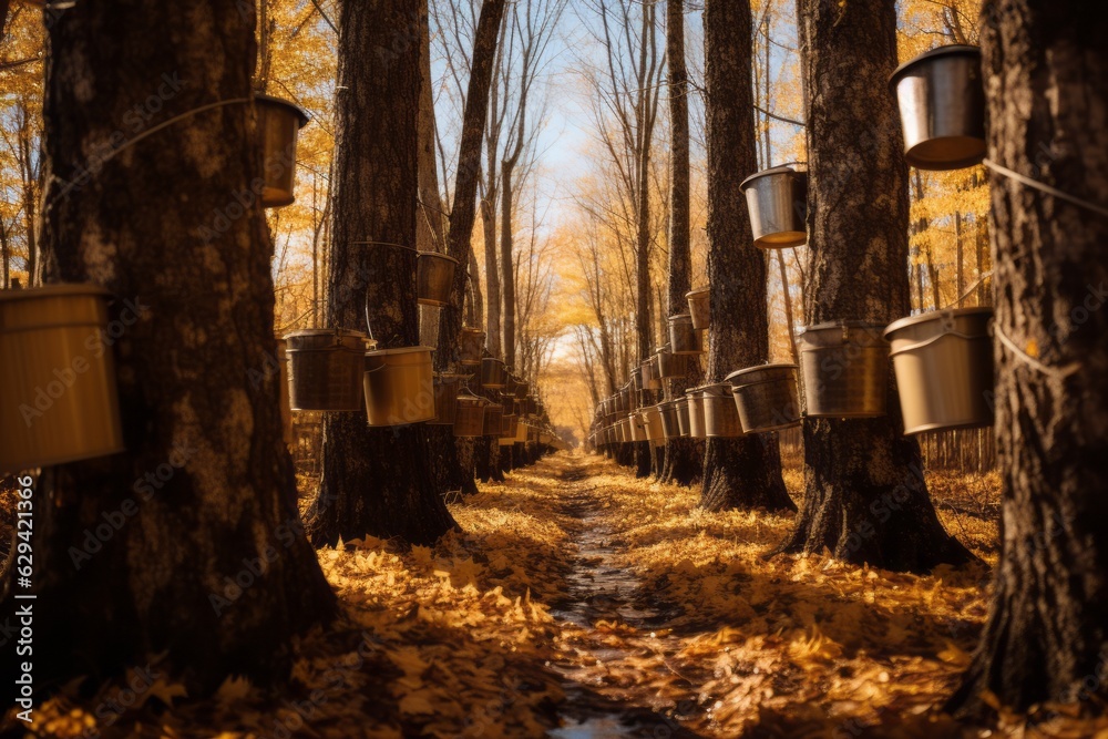 Wall mural maple syrup farm with tapped trees, generative ai