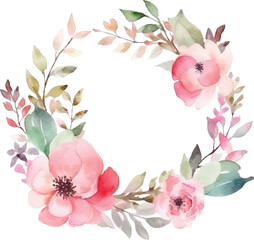 Vector watercolor painting wreath design with pink flowers and leaves, hand-painted floral bouquet isolated on a white background.