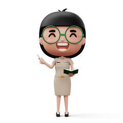 Happy thai teacher wearing civil servant uniform holding a white chalk and a book, 3d rendering