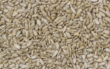 Shelled sunflower seed kernels scattered loosely. Natural source of fiber, iron, phosphorous and vitamin E. Directly above closeup image.