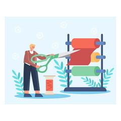 Man holds scissors and cuts off piece of fabric to sew product. Selection of fabrics for tailoring clothes. Work of seamstress in sewing shop. Flat vector illustration in cartoon style