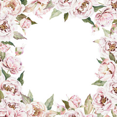 Watercolor square floral frame on white background.. Vintage border design. Art poster, banner with peonies. Greenery wedding invitation card template. Isolated graphic