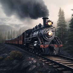 Fototapeta na wymiar The steam train travels in the evening