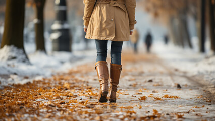 A woman walking in a winter park.