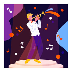 Young stylish musician playing on plays trumpet on stage. Concept of playing music on instrument. Flat vector illustration in cartoon style in blue and orange colors in cartoon style