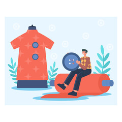 Male sitting on cloth and holding button. Selection of fabrics and accessories for tailoring clothes for women. Seamstress work in workshop. Flat vector illustration in cartoon style