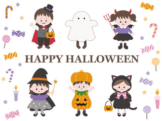 かわいいハロウィンの仮装の子供達とお菓子のベクターイラストセット　　秋、10月、アイコン、ハロウィーン