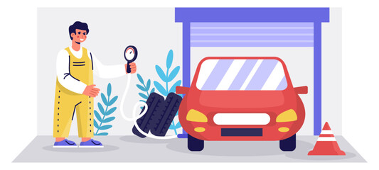 Smiling mechanic measures pressure in tires of car. Tire inflation service in auto replacement concept. Tire fitting service. Flat vector illustration in cartoon style in blue colors