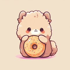 Fototapeta premium alpaca eat doughnut animal chibi cartoon style isolated plain background