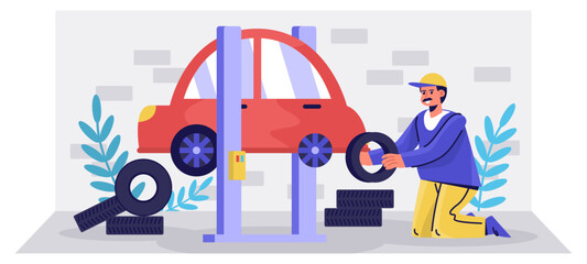 Mechanic in uniform standing near lifted automobile and holding wheel. Tire fitting service concept. Replacing winter tires on summer tires. Flat vector illustration in cartoon style in blue colors