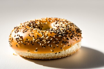 Freshly baked bagel with sesame seeds on a white background