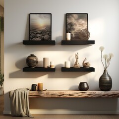 Four black shelves for the wall. Generative AI photos.