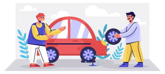 Young client standing near car in tire fitting and talking with worker. Mechanic holding wheel and performing replacement. Flat vector illustration in cartoon style in blue colors