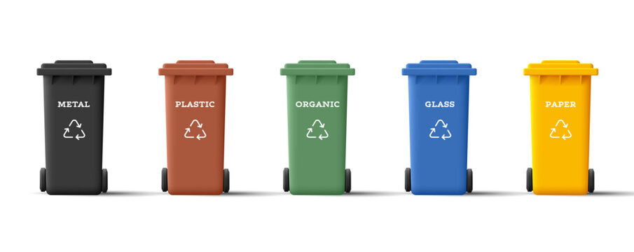 3d vector illustration icon set of recycle garbage bins in different colours with types of recycle materials