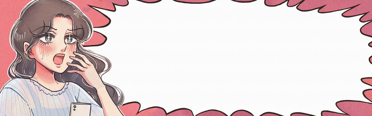 少女漫画風・スマホをもってビックリする女性のイラストバナー