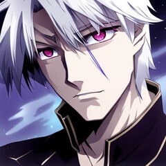 A brooding anime boy with silver hair and intense purple eyes.