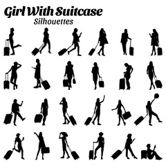 Set of female traveler silhouette vector illustrations carrying suitcases.