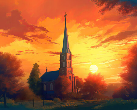 A Beautiful Church At Sunset