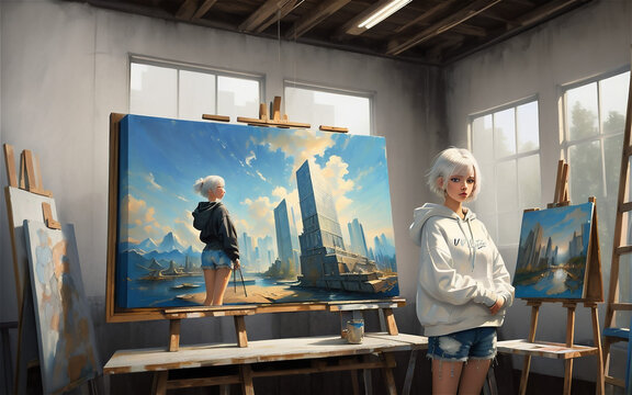 Illustration of beautiful painter girl with white hair Beautiful girl with white hair and tshirt